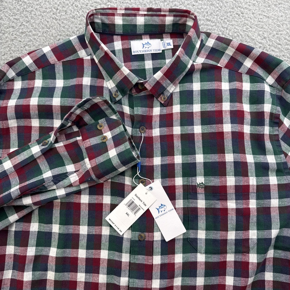 Southern Tide Flannel Shirt Mens XXL Muscadine Plaid Hemp Blend Button Up